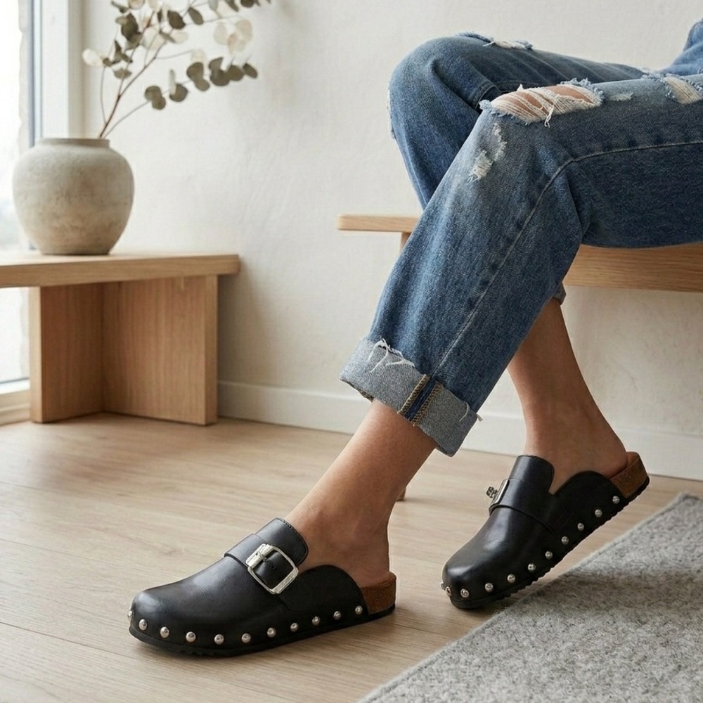 Bibi Lou Anthropologie Leather Studded Slip-On Loafer Mules NIB - Picture 3 of 14